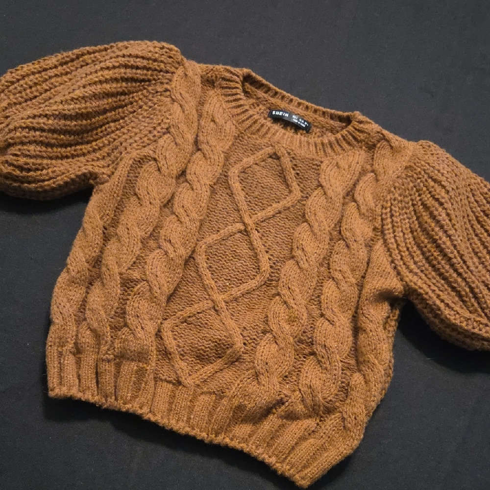 SHEIN Brown Cable Knit Crew Neck Sweater